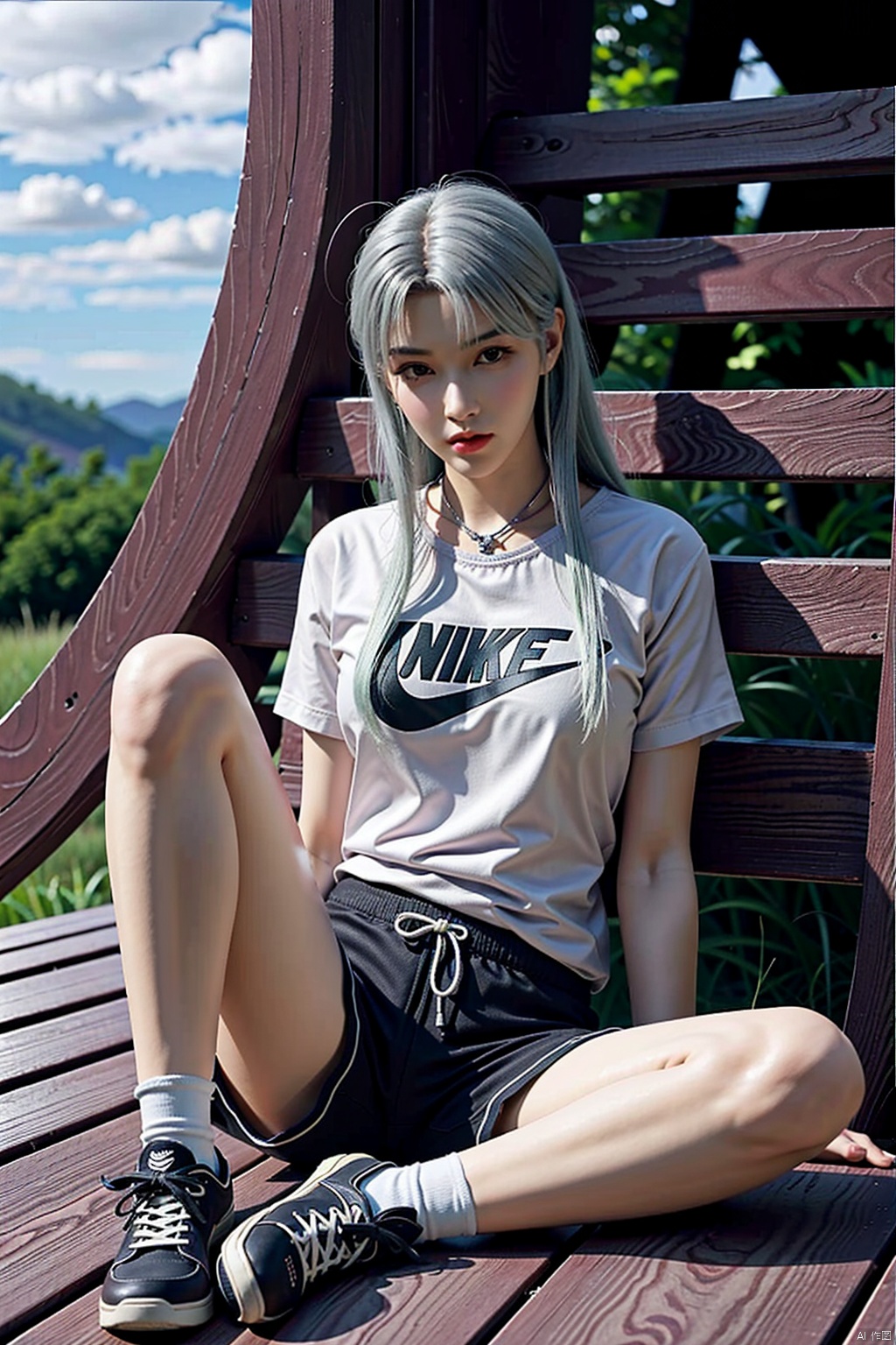  1girl, solo, long hair, looking at viewer, shirt, brown eyes, sitting, full body, white shirt, short sleeves, green hair, shoes, shorts, socks, black footwear, black shorts, white socks, sneakers, knee up, nike, 1girl，肚兜