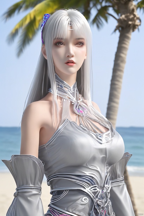 1girl, solo, long hair, breasts, looking at viewer, bangs, hair ornament, dress, bare shoulders, standing, white hair, outdoors, detached sleeves, blurry, tree, lips, grey eyes, blurry background, beach, chinese clothes, palm tree, photo background