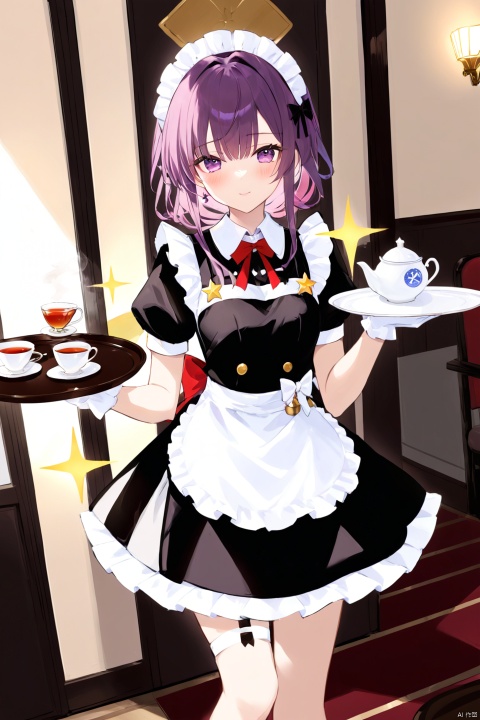  (masterpiece),(bestquality),nai3,1girl, solo, blush, bangs, gloves, dress, bow, holding, closed mouth, purple hair, short sleeves, sidelocks, frills, puffy sleeves, indoors, white gloves, pink eyes, apron, cup, puffy short sleeves, maid, maid headdress, sparkle, maid apron, tray, teacup, teapot, holding tray, tea, saucer,(Star Rail),Purple eyes, purple hair, kafuka, (best quality)