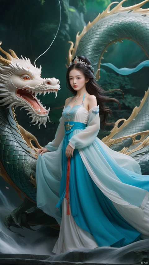  longnv,A girl, princess, in a long dress, riding a dragon, mysterious, immortal, dreamy, with clear five tubes and high-definition picture quality, longnv