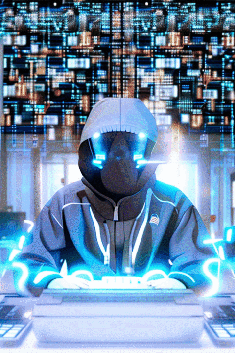 A computer hacker Labrador in a black hooded sweatshirt sits in front of a computer typing fast.