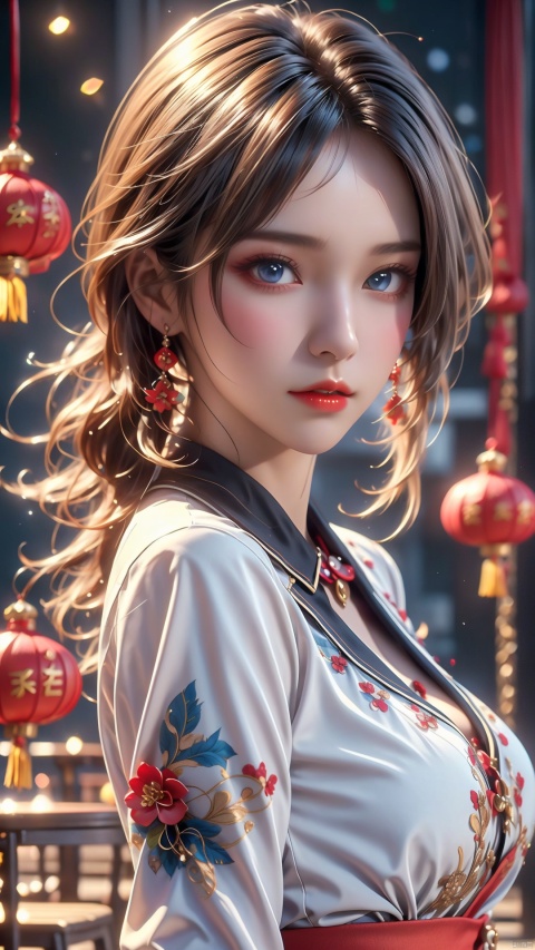  nai3,1girl,white hair,blue eyes,hair flowers,chinese clothes, eastern dragon,chinese new year,lantern, chinese new year