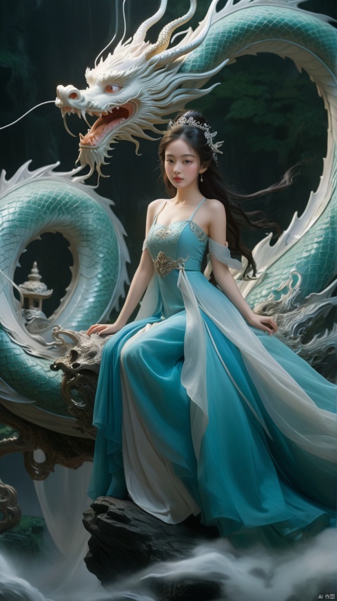  longnv,A girl, princess, in a long dress, riding a dragon, mysterious, immortal, dreamy, with clear five tubes and high-definition picture quality, longnv