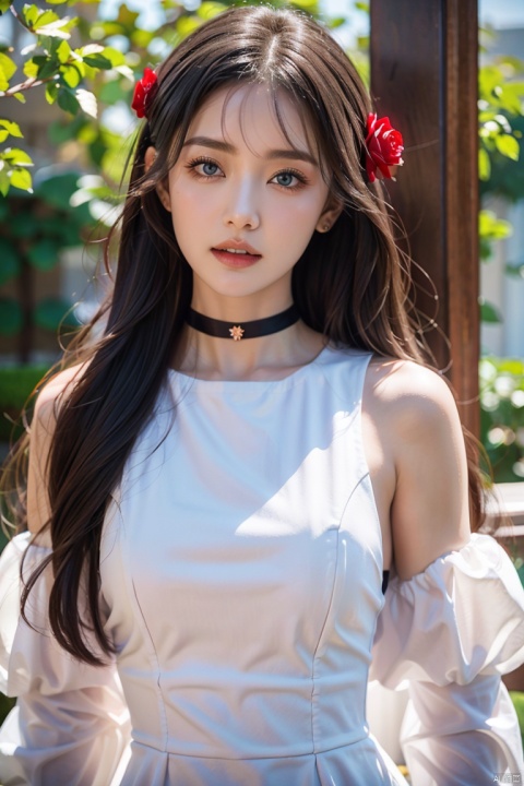  1girl, solo, red flower, flower, blue eyes, long hair, holding flower, holding, rose, dress, petals, hair ornament, red rose, lying, long sleeves, white hair, on back, white dress, looking at viewer, choker, parted lips, bare shoulders, blush, bangs, off shoulder, black choker, hair flower, off-shoulder dress, very long hair, collarbone, puffy long sleeves, puffy sleeves, rose petals, hairbetweeneyes,eyesseye,鏃�