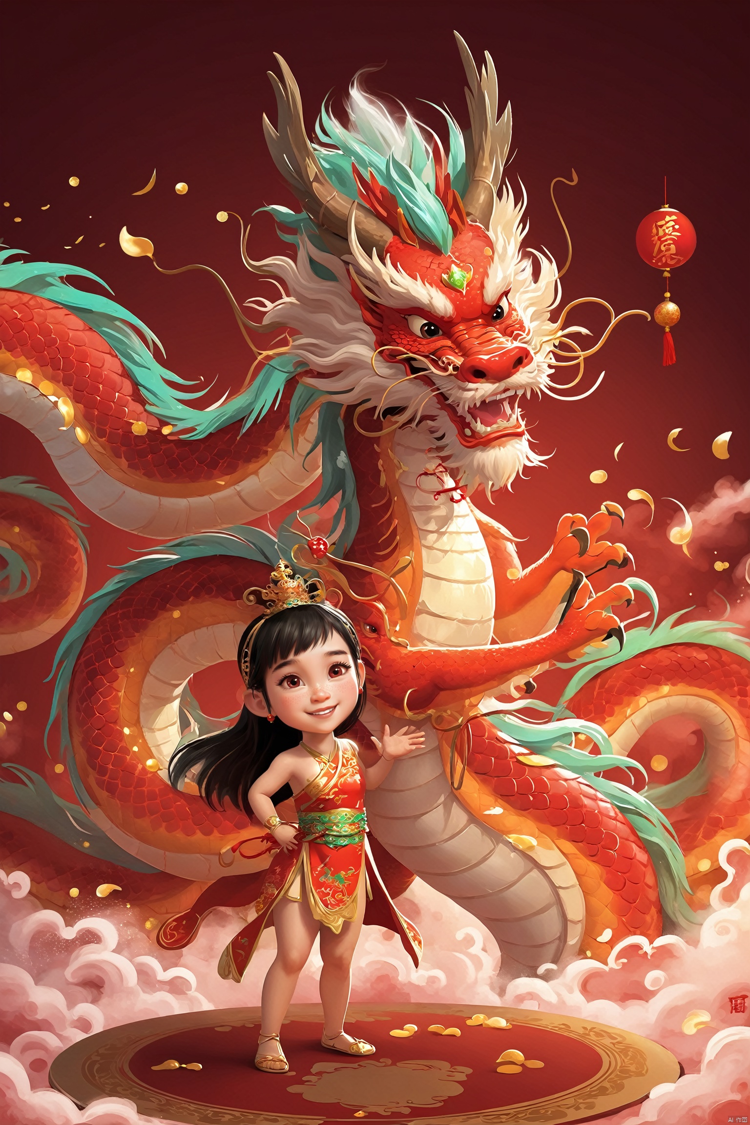  A cute and humanized red Chinese dragon and a Chinese little girl, in Pixar style, both nude, performing the same congratulatory gesture. The red background is very festive, with Chinese elements, welcoming the new year. 32k

