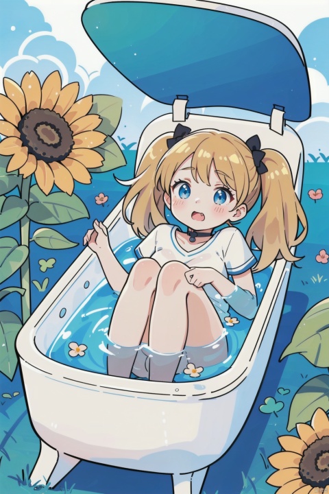  A picture of a little girl in a bathtub, surrounded by flowers and sunflowers, the picture has a Little Bear, a little rabbit, two little pigs blue flowers, flowers, stars, sunflowers, yellow Lily of the valley.score_9, score_8_up, score_7_up, 1girl, skinny, straddling, tan, pigtails, size difference, ((foreskin)), huge penis on stomach, (cumdrip), testicles, awe, heart, breast press, cheek press, veiny penis, (biting own lip:0.7), choker, blush, saliva