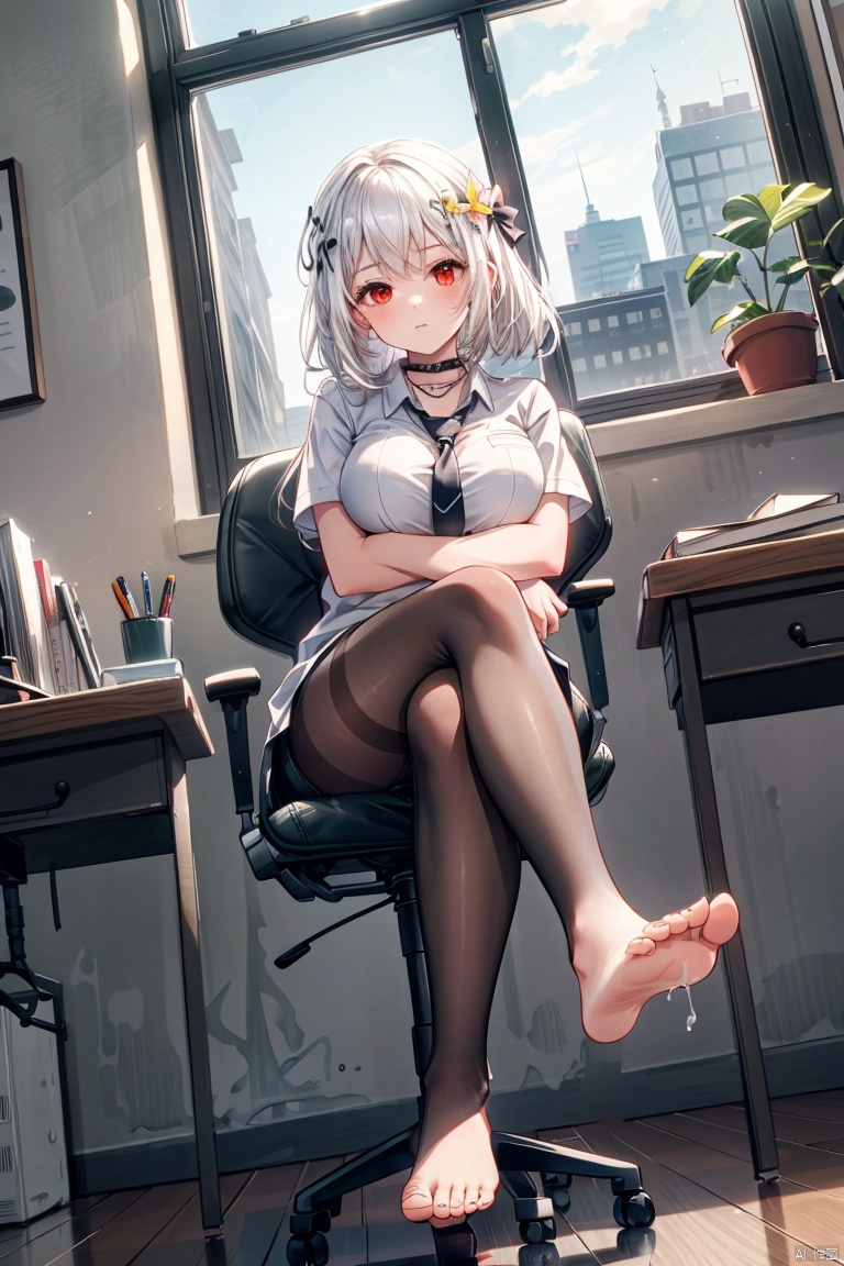  1girl, {feet on desk}, white hair, red eyes, white shirt, black necktie, sitting, full body, feet, toes, legs, crossed legs, crossed arms, office, black pantyhose, soles, foot focus, no shoes, dutch angle, looking at viewer, office chair, sharp eyes, long hair, medium breasts, shiny skin, solo, window, blinds, window blinds, twilight,landscape,dirty_feet, stinky_feet, semen_on_feet, big_breasts.