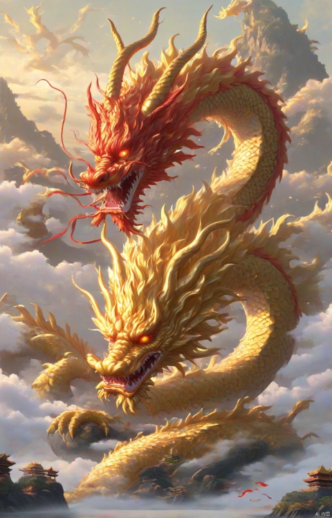 Simple background with a clear sky, featuring a single head with two yellow eyes and two horns on top, two pair of legs along with claws, red scales, and a golden body. No human figures present, only an Eastern dragon depicted in a side view, flying upright. The imageisartisticallydetailed,中国龙, dofas, Arien view, shanhaijing, fnk, KOI, recolor,blind box