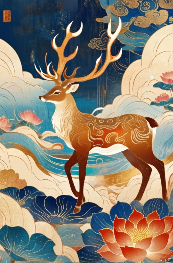  Dunhuang art style illustration,a magnificent nine-colored deer surrounded by auspicious clouds ,
Standing in the lotus pond ,extremely delicate brushstrokes, soft and smooth, China red and indigo, golden background