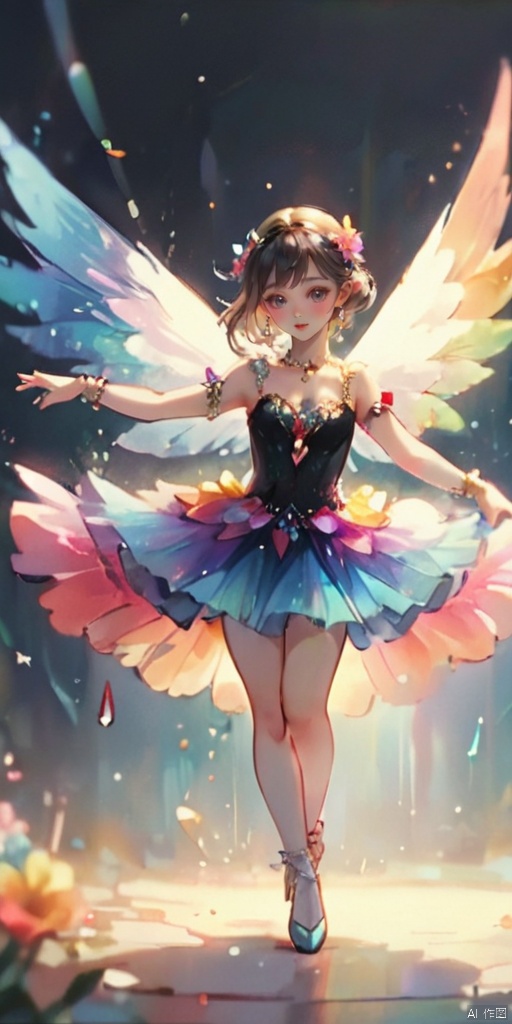  1girl, dance, Fairy, crystal, jewels,black, wings,All the Colours of the Rainbow, ((poakl flower style))