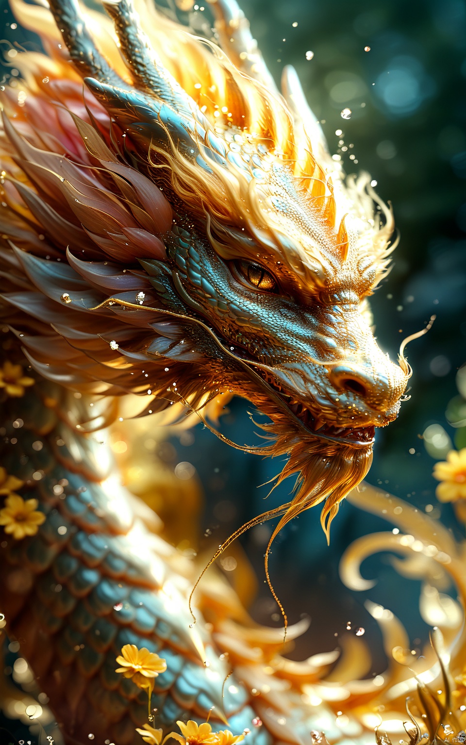 "Sword Spirit", 3D, magical realism, shallow depth of field, environmental occlusion, mighty and domineering golden dragon, frontal angle, healing breeze, golden light, Mandarin, flower, JMLong