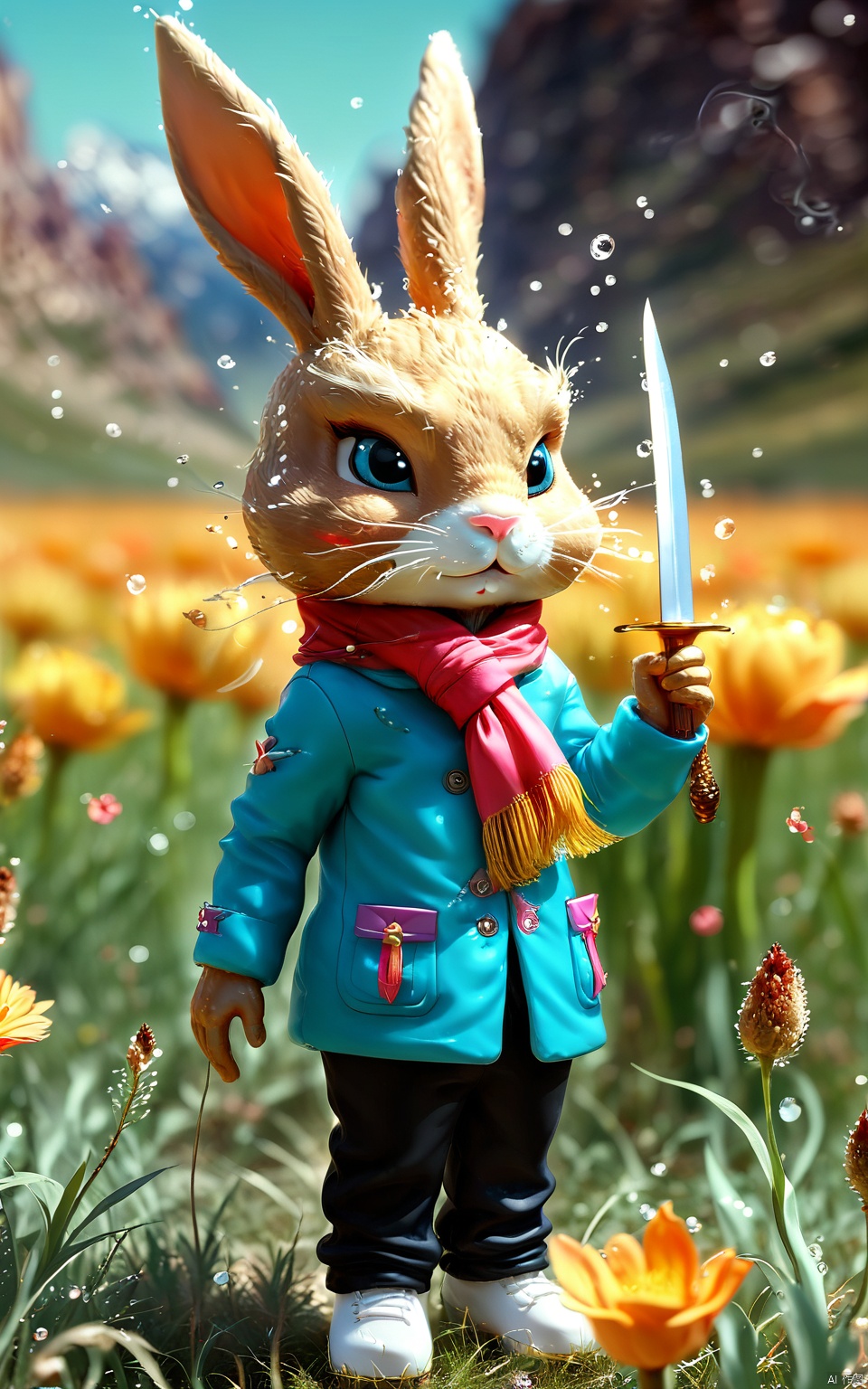 "Sword Spirit", 3D, magic realism, shallow depth of field, environment occlusion, rabbit character, listening to music, grass field, ice blue jacket, black pants, colorful scarf, colorful hat, one foot lifted with the music, frontal angle, healing breeze, golden glow, huayu,flower, JMLong, particles