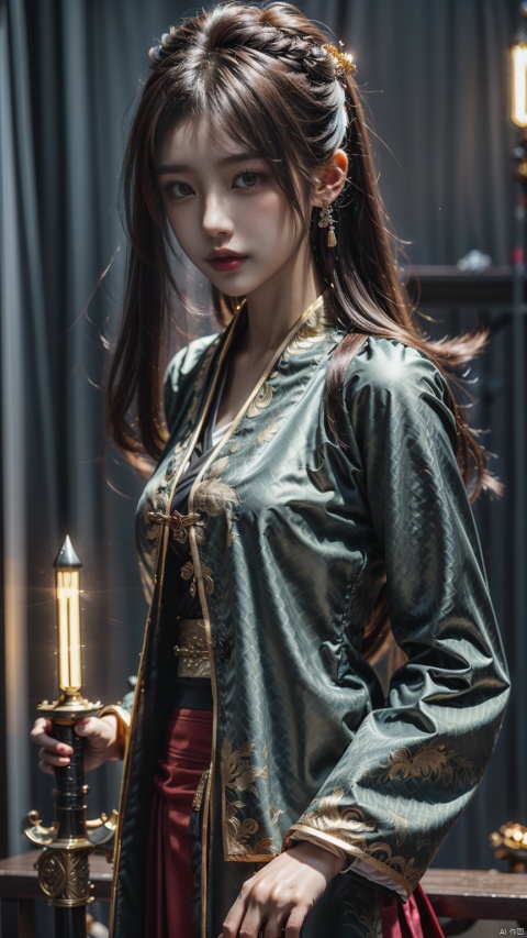  1 girl, solo, female focus, (Hanfu) (kimono) (skirt), long hair, (Chinese clothing) (bright picture) red lips, bangs, earrings, kimono, Chinese cardigan, print, tassel, (face) (positive light), sword (straight sword)
Element Cyclone, Chinese Architecture, Dragon _ Imagination _ Cloud Around _ Fire _ Dragon

((Masterpiece), ((Very Detailed CG Unity 8K Wallpaper)), Best Quality, High Resolution Illustrations, Amazing, Highres, (Best Lighting, Best Shading, A Very Refined and Beautiful), (Enhanced) ·, JMLong