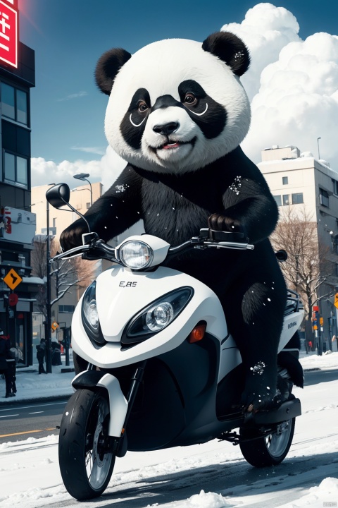  A giant panda, riding an electric car on the city road, this is a winter, the snow is beautiful, on both sides are high-rise buildings