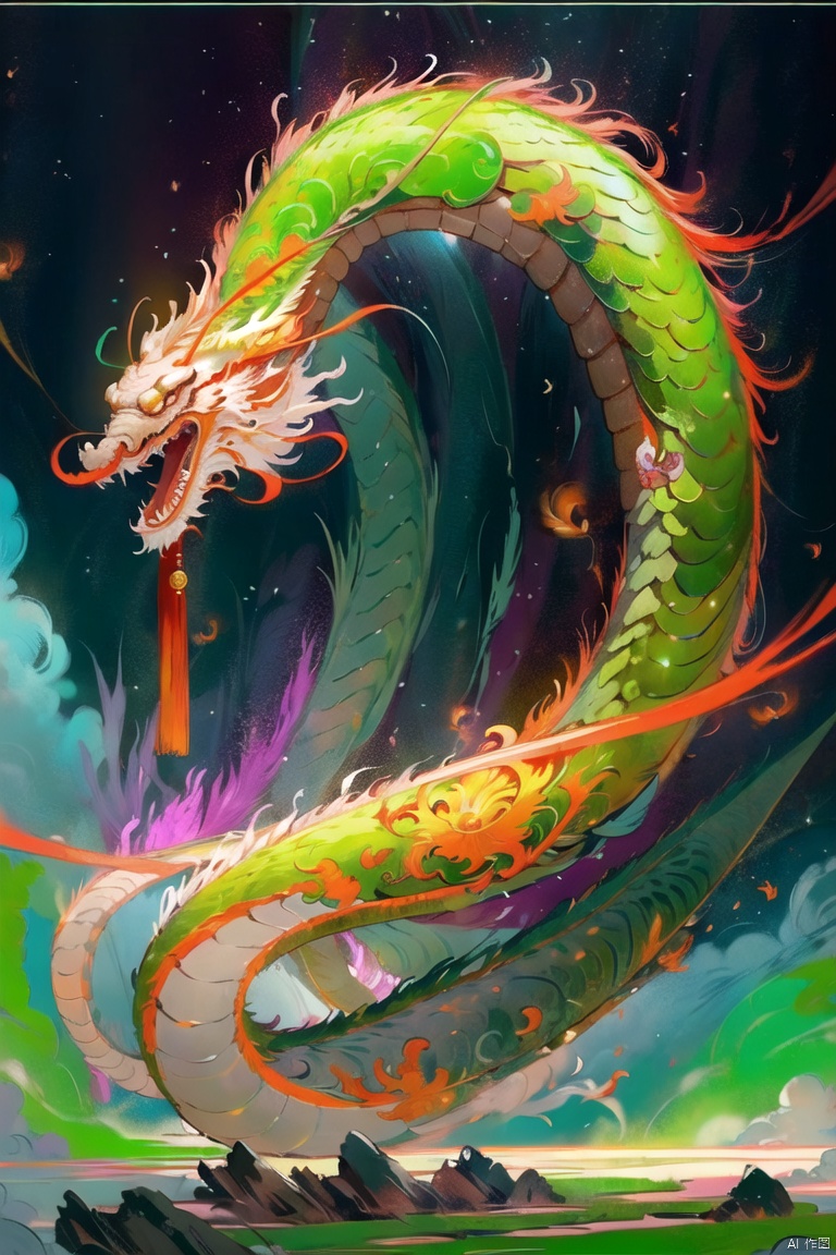 This article is 80 meters tall wearing a green armor emperor dragon, head like majesty, eyes have a flash of Dragon Ball, like colorful Baozhu, belly like mirage, scales like fish, holding a sharp blade, body like ah Luo scene, "secular painting dragon elephant, shoulder behind a pair of laser Suzaku phoenix wings"
Has a high internal force when fighting like a human Chinese dragon, his wings shine