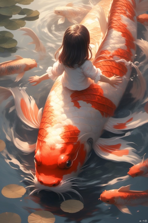  A girl raised her hands to touch a large koi carp