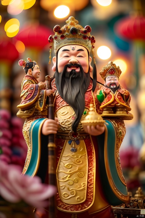  crown,closed eyes,holding,open mouth,male focus,blurry,black hair,instrument,chinese clothes,gem,male,lantem,beard,blurry background,smile,little_boy,2boys,CSJD, CSJD