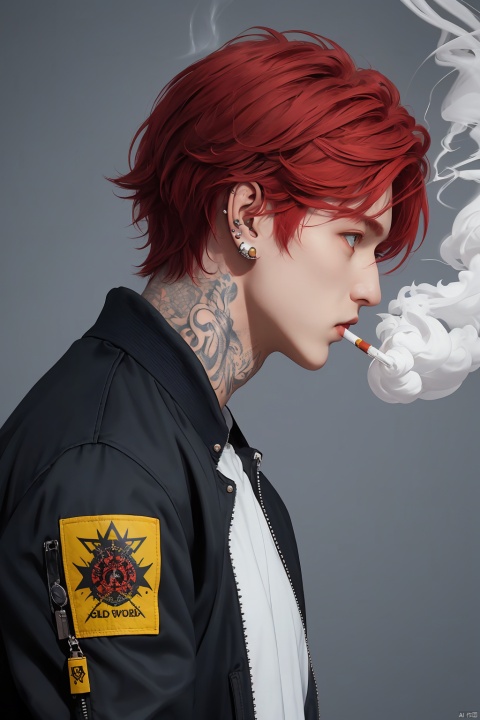  Best quality, masterpiece, 1boy, red hair, short hair, yellow eyes, spiky hair, tattoos, black pants, upper body, ear piercings, blue and white bomber jacket, profile picture, smoking