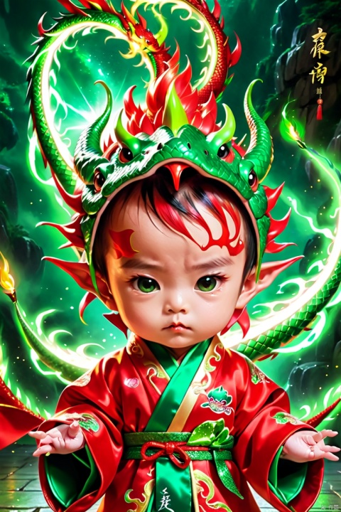  Nian Wei Nong Meng baby sparkling, dragon crown 3 legs red dragon robe green dragon robe looked at the viewer's eyes shot lightning long-sleeved reality separated lips background