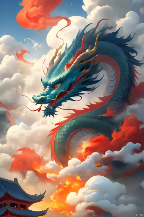  loong, open mouth, sky, cloud, fire, dragon, no human, dragon,chinese temple, mountain