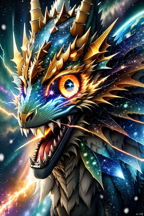 Shining Eyes Dragon 1 boy, aurora city lights constellations Earth&#039;s electric energy fireworks galaxy&#039;s luminous eyes light particle trumpet x watch the audience lightning male focus galaxy night sky without human mouth opening reality, sharp Teeth Planet Snow Meteor Sky, Solo Space Star (Sky) star sky background teeth wings