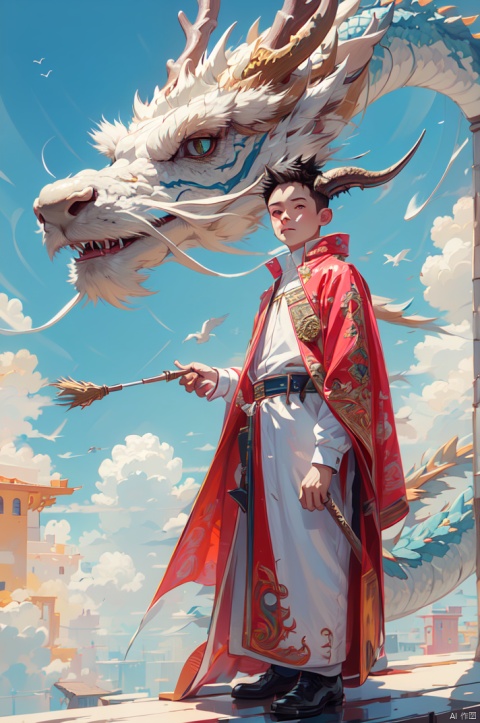  1boy, holding, standing, tail, male focus, outdoors, horns, sky, day, cloud, cape, blue sky, bird, cloudy sky, spiked hair, dragon,bright