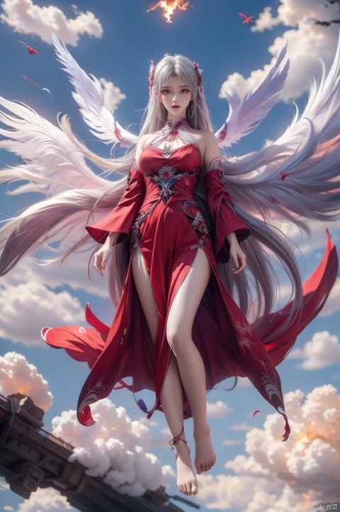  1girl, 
(red fire,magic),(glowing eyes:1.3), 
chest,electricity, lightning,
white magic, aura,,
Front view,air,cloud,
backlight,looking at viewer,,white hair
very long hair,hair flowe
 meidusha,
full_body,(bare feet,:1.2)(flying in the sky:1.6),(Stepping on the clouds:1.2),(Red Angel Wings:1.2), tiandunv