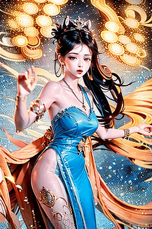 This is a motion picture, very good dance posture, representative,best
quality,1girl, bare
shoulders, dress, hair
accessories, blue dress, solo, black hair, long hair, bun,jewelry, earrings, cowboy shot, dynamic pose, dynamic Angle, this is a motion picture.