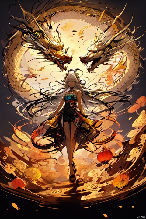  Chinese dragon, (peeks out), soaring in the sky, 1 girl,white hair,white pantyhose,long and majestic dragon body, highest quality, masterpiece, epic beauty,Outdoor, (Macaron color :1.2), Ancient Chinese architecture, Tower Pavilion, Terrace, Flying in the Sky, Majestic, Dreamlike style, Chinese Architecture, Sunset, cloud tops, verdant, peach blossoms, textured skin, Super detail, best quality, visual art, God beast, ink paniting, white pantyhose, 1girl,high_heels,yellow_footwear,pencil_skirt,white_footwear