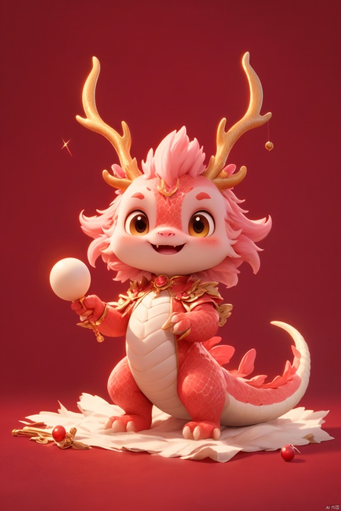  pink, cute pet, Illustration cartoon cute art style, full body, antlers , ((masterpiece)), original, rich details, extremely exquisite, red theme, 3d stely,dragon claw,snake,red background