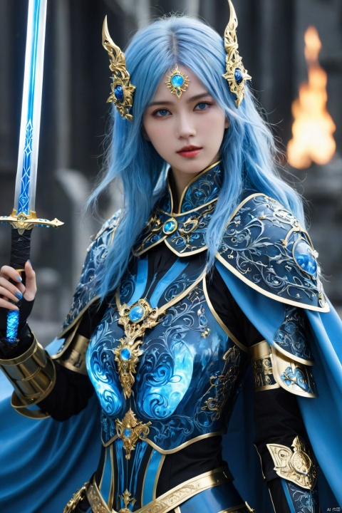  (ultra realistic,best quality),photorealistic,Extremely Realistic, in depth, cinematic light,hubggirl,full body shot:1.35,hubg\(mecha_girl)\, from below,sky blue hair, sky blue eye, hair ornament, cute, dark king, sky blue cape, The armor was inlaid with gold filigree and onyx, and ice-carved with glowing blue runes,fantasy art, blue flame, full moon, samurai sword,ultra-realistic detail, Ultra detailed, The composition imitates a cinematic movie, The intricate details, sharp focus,
