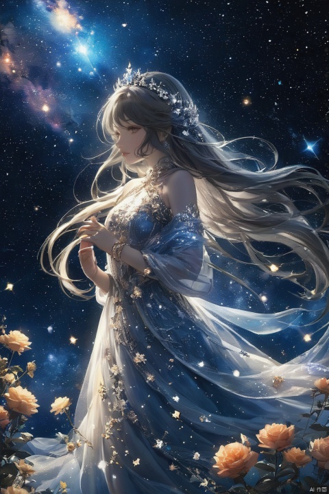  1 girl, adrift in a sea of stars, clad in a shimmering dress that mirrors the cosmos, crowned with a tiara of twinkling constellations, delicate bracelets of stardust encircling her wrists, her eyes reflecting the vastness of space, floating amidst nebula clouds, planets visible in the distance, comet tail streaking by, celestial beings watching over her, a sense of wonder and exploration, serene and peaceful, otherworldly beauty., hubg_jsnh, yyy,ccc, Hyperdetailed Photography, glow, ((poakl)), g011, bailing_ice_sculpture, flowers shadow,photo, bailing_light element