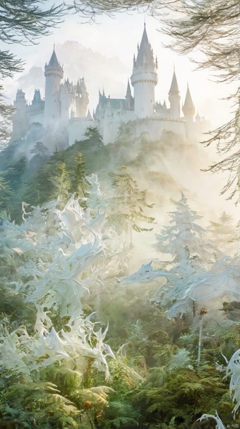  A full bodied dragon double exposure, with castles, misty glens, elven princesses, useage of clevely placed white spaces and intricatly woven in conifeer trees that are either positive or negative space within the images, intricate detail, hyper photrealism as if shot from a professional camera with a professional lens, delicate colors, the mood is mysterious, visually captivating, beautiful and ethereal