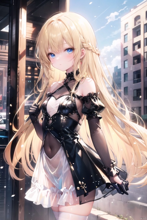  1girl,thin,(very Long hair:1.1),(blonde_hair:1.2),blue eye,blush,(wavy hair),(hime cut),small breasts ,collarbone,frill skirt,long_gloves,(see-through:1.3),clothing cutout,see through,see through,prominent nipple,tutututu,outdoor,black dress, see-through