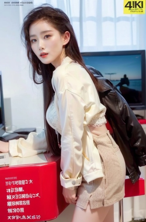  80sDBA style, fashion, (magazine: 1.3), (cover style: 1.3),Best quality, masterpiece, high-resolution, 4K, 1 girl, smile, exquisite makeup,shirt,jean,jacket , lace, tv,boombox
,, , ,long_hair , yunv, dlrb
