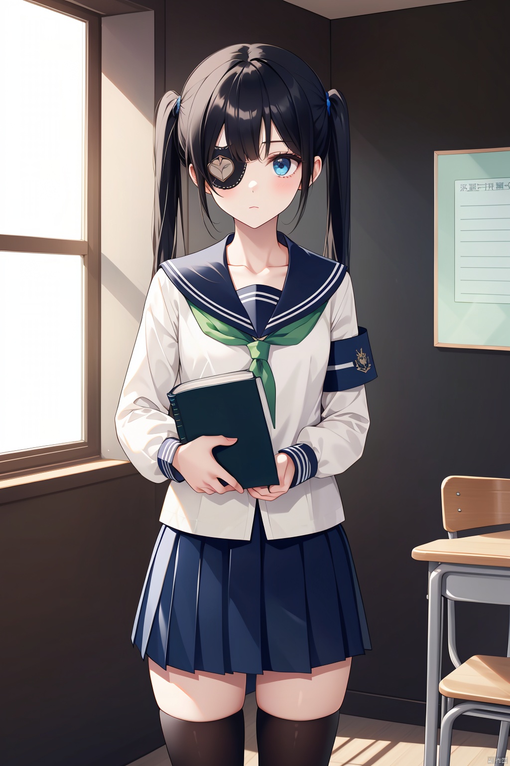  1girl, solo, thighhighs, school uniform, twintails, skirt, broken glass, long hair, eyepatch, low twintails, holding, black thighhighs, looking at viewer, sailor collar, serafuku, green neckerchief, blue eyes, pleated skirt, armband, book, long sleeves, bangs, neckerchief, glass, standing, black hair, zettai ryouiki, shirt, holding book, collarbone