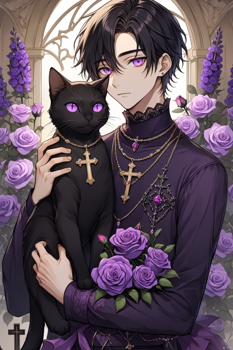  solo, looking at viewer, short hair, long sleeves, 1boy, holding, jewelry, purple eyes, flower, black hair, male focus, necklace, rose, animal, cat, cross, purple flower, black cat, holding animal, holding cat