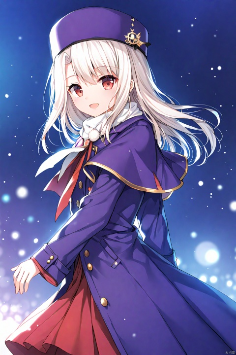  (masterpiece),(best quality),illustration,ultra detailed,hdr,Depth of field,(colorful),1girl,illyasviel von einzbern,purple headwear,solo,long hair,white hair,red eyes,hat,papakha,looking at viewer,fur hat,long sleeves,smile,purple coat,purple capelet,dress,capelet,open mouth,white scarf,coat,scarf,blurry background,blurry,purple jacket, iriya