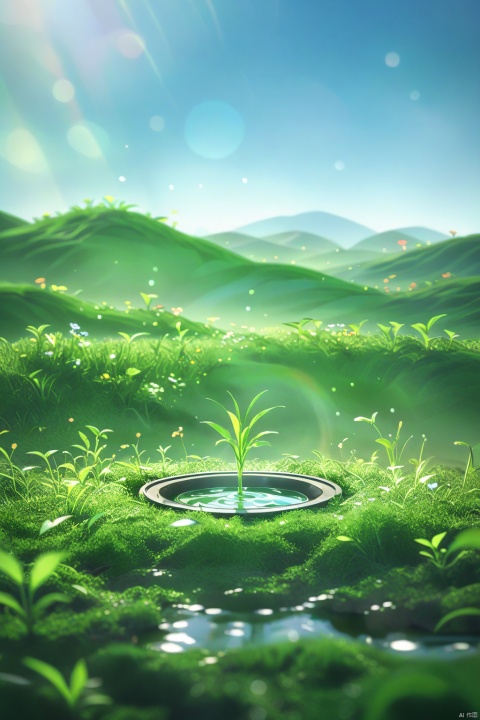  A simple circular stage is placed on a grassland with water and flowers. Blue sky background. There are rolling hills in the distance.Vibrant green, fresh spring breath. The Chinese grassland. Center composition. Cartoon style, surrealism, futurism, minimalism. C4D production, OC render, redshift, blender, Depth of field, create a vibrant and bright atmosphere, high detail, high resolution, high quality, chocolae dianshang1