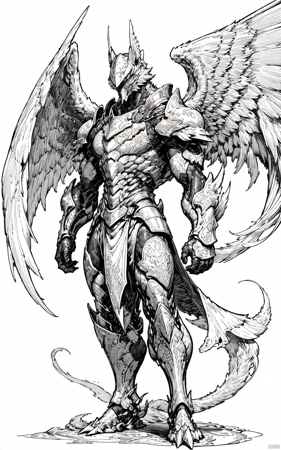  gameplay style, masterpiece, best quality, line art, line style, furry boy, color chaos theme, chitin armor,slim limbs,small helmet,Extremely massive wings,Golden ratio body,full body,long body,strong body