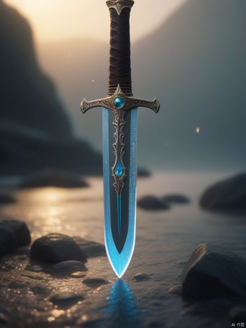 A great sword covered with patterns lay on the rockin the early morning light, adorned with glistening dewdrops. in the background beautiful valleys, divine iridescent glowing, opalescent textures, volumetric light, ethereal, sparkling, light inside body, bioluminescence, studio photo, highly detailed, sharp focus

dramatic,Backlighting,soft contrast,cinematic,hyperdetailed photography,texture,fog,vignette,black and brown color palete,particles,water reflection,depth of field,bokeh,85mm 1.4,rain,sunset,(facing camera:1.1),ray tracing,shadows,ultra sharp,metal,((cold colors)),Epic CG masterpiece,(3D rendering),facing camera,ultra high resolution,(masterpiece),(best quality),(super detailed),(extremely delicate and beautiful),cinematic light,detailed environment,(real),(ultra realistic details:1.5),glass-like sparkling eyes are blurry and dreamy,(muscle tone and definition),(finely detailed features),stunning colors,cinematic lighting effects,super wide Angle,light particles,light particle art,glowing,dynamic poses,surreal,futurism,concept art,exquisite facial features,super delicate face,designed by greg manchess,smoke,trending on art station,photoreal,8 k,octane render by greg rutkowski,art by Carne Griffiths and Wadim Kashin,in the style of Dau-al-Set,Pollock,and inspired by MAPPA and Zdzislaw Beksinski,

