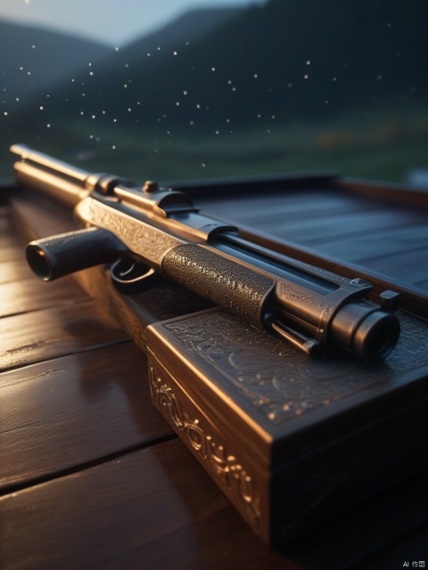 A long metal gun covered with patterns was placed in a wooden case in the early morning light, adorned with glistening dewdrops. in the background beautiful valleys, divine iridescent glowing, opalescent textures, volumetric light, ethereal, sparkling, light inside body, bioluminescence, studio photo, highly detailed, sharp focus

dramatic,Backlighting,soft contrast,cinematic,hyperdetailed photography,texture,fog,vignette,black and brown color palete,particles,water reflection,depth of field,bokeh,85mm 1.4,rain,sunset,(facing camera:1.1),ray tracing,shadows,ultra sharp,metal,((cold colors)),Epic CG masterpiece,(3D rendering),facing camera,ultra high resolution,(masterpiece),(best quality),(super detailed),(extremely delicate and beautiful),cinematic light,detailed environment,(real),(ultra realistic details:1.5),glass-like sparkling eyes are blurry and dreamy,(muscle tone and definition),(finely detailed features),stunning colors,cinematic lighting effects,super wide Angle,light particles,light particle art,glowing,dynamic poses,surreal,futurism,concept art,exquisite facial features,super delicate face,designed by greg manchess,smoke,trending on art station,photoreal,8 k,octane render by greg rutkowski,art by Carne Griffiths and Wadim Kashin,in the style of Dau-al-Set,Pollock,and inspired by MAPPA and Zdzislaw Beksinski,
