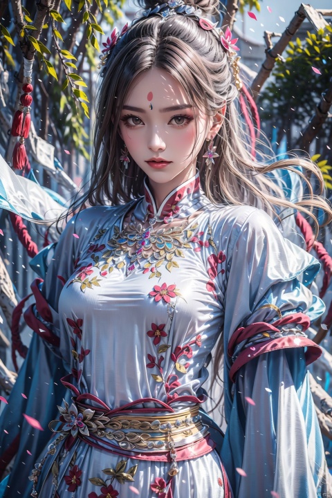  1girl,solo,long hair,looking at viewer,brown hair,hair ornament,long sleeves,dress,jewelry,closed mouth,upper body,weapon,flower,earrings,outdoors,hair flower,hair bun,white dress,blurry,sash,blurry background,facial mark,chinese clothes,single hair bun,forehead mark,