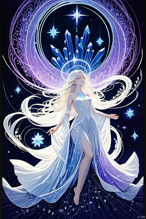  line art,line style,as style,best quality,masterpiece,
he image presents a female figure,characterized by her long,flowing white hair and dressed in an ethereal white gown,gracefully suspended amidst a star-studded,midnight-blue firmament. Clutched within her palms is a magnificent,luminescent crystal,its radiance augmented by an encircling halo of smaller,similarly gleaming stones. Intricate patterns of blue and purple grace the fabric of her attire,harmoniously merging with the vivid,intertwining streaks of blue and purple light that trail behind her form. The overall composition is further embellished by the delicate sprinkling of tiny,shimmering particles,evoking a sense of celestial magic and profound mystique.,
female figure,long hair,white hair,white gown,ethereal,starry sky,midnight-blue,luminescent crystal,smaller crystals,encircling halo,intricate patterns,blue and purple,light trails,blue light,purple light,trailing,tiny particles,shimmering,celestial magic,mystique.,