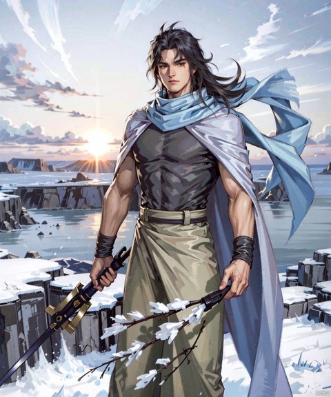  1boy, male focus, solo, cape, wolf, black hair, long hair, scarf, snow, cliff,
masterpiece, best quality, 8k