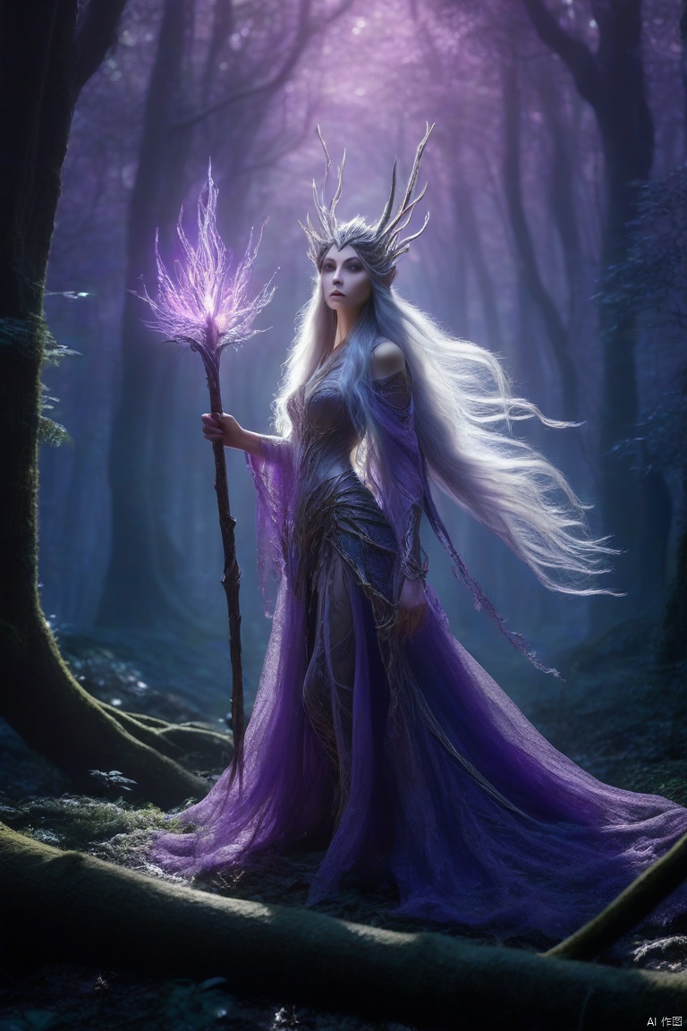  (Special perspective) In a mysterious magical forest, an elf queen stands deep in the woods, with her long hair flowing and holding a staff that shines with magic light. The camera quickly switched to capture the slightly raised corners of her mouth and twinkling purple eyes. The surrounding trees shone magically under her magic, presenting a mysterious and magnificent picture., xinyue, Wielding sword