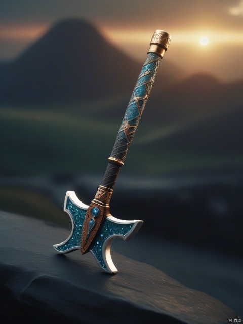A metal tomahawk covered with patterns was placed in the case in the early morning light, adorned with glistening dewdrops. in the background beautiful valleys, divine iridescent glowing, opalescent textures, volumetric light, ethereal, sparkling, light inside body, bioluminescence, studio photo, highly detailed, sharp focus

dramatic,Backlighting,soft contrast,cinematic,hyperdetailed photography,texture,fog,vignette,black and brown color palete,particles,water reflection,depth of field,bokeh,85mm 1.4,rain,sunset,(facing camera:1.1),ray tracing,shadows,ultra sharp,metal,((cold colors)),Epic CG masterpiece,(3D rendering),facing camera,ultra high resolution,(masterpiece),(best quality),(super detailed),(extremely delicate and beautiful),cinematic light,detailed environment,(real),(ultra realistic details:1.5),glass-like sparkling eyes are blurry and dreamy,(muscle tone and definition),(finely detailed features),stunning colors,cinematic lighting effects,super wide Angle,light particles,light particle art,glowing,dynamic poses,surreal,futurism,concept art,exquisite facial features,super delicate face,designed by greg manchess,smoke,trending on art station,photoreal,8 k,octane render by greg rutkowski,art by Carne Griffiths and Wadim Kashin,in the style of Dau-al-Set,Pollock,and inspired by MAPPA and Zdzislaw Beksinski,
