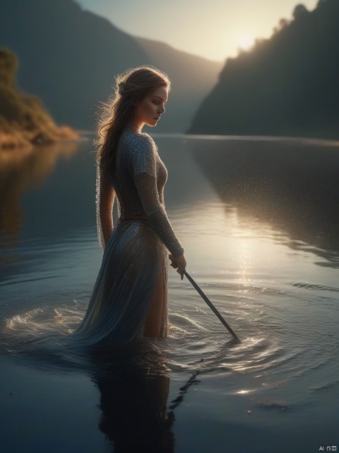 A giant metal epee full of patterns was placed in the river in the early morning light, adorned with glistening dewdrops. in the background beautiful valleys, divine iridescent glowing, opalescent textures, volumetric light, ethereal, sparkling, light inside body, bioluminescence, studio photo, highly detailed, sharp focus

dramatic,Backlighting,soft contrast,cinematic,hyperdetailed photography,texture,fog,vignette,black and brown color palete,particles,water reflection,depth of field,bokeh,85mm 1.4,rain,sunset,(facing camera:1.1),ray tracing,shadows,ultra sharp,metal,((cold colors)),Epic CG masterpiece,(3D rendering),facing camera,ultra high resolution,(masterpiece),(best quality),(super detailed),(extremely delicate and beautiful),cinematic light,detailed environment,(real),(ultra realistic details:1.5),glass-like sparkling eyes are blurry and dreamy,(muscle tone and definition),(finely detailed features),stunning colors,cinematic lighting effects,super wide Angle,light particles,light particle art,glowing,dynamic poses,surreal,futurism,concept art,exquisite facial features,super delicate face,designed by greg manchess,smoke,trending on art station,photoreal,8 k,octane render by greg rutkowski,art by Carne Griffiths and Wadim Kashin,in the style of Dau-al-Set,Pollock,and inspired by MAPPA and Zdzislaw Beksinski,
