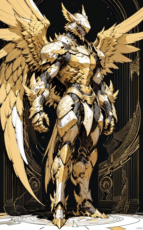  gameplay style, masterpiece, best quality, line art, line style, furry boy, color chaos theme, chitin armor,slim limbs,small helmet,Extremely massive wings,Golden ratio body,full body,long body,strong body