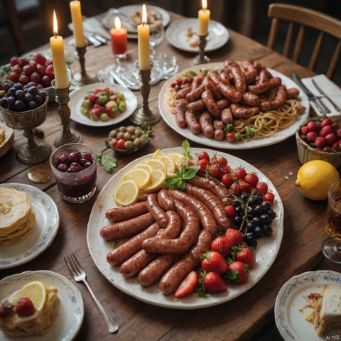 Masterpiece, best quality, stunning details, realistic, indoor, without anyone, (sausages), lemon, fruit, depth of field, table, plates, Grilled noodles,cake, strawberries, candles, grapes, food focal point,Cumin roast,whisky